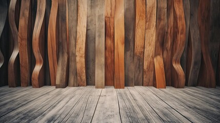 Wall Mural - Modern Wooden Backdrop with Wavy Timber Strips and Textured Flooring. Concept of Organic Interior Design and Natural Decor