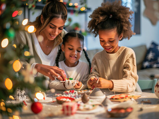 Wall Mural - A family making handmade holiday ornaments with clay, paint, and glitter, adding personal touches to decorate their home