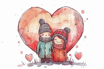 Sticker - Cute illustration of children in winter attire heartwarming scene vibrant colors cheerful expressions cozy atmosphere digital art bonding love and care joyful mood