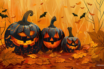 Sticker - Trio of scary carved pumpkins in a forest setting with autumn leaves, evoking Halloween's enchanting fright