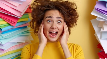 A woman in a yellow shirt is screaming in front of a pile of papers. Concept of chaos and disorganization, as the woman's emotions seem to be overwhelming the surrounding clutter