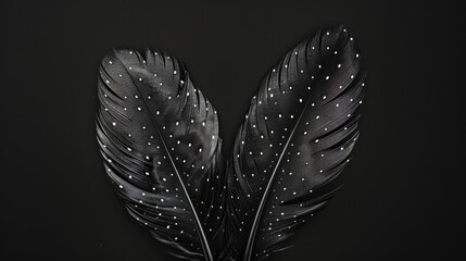 Canvas Print - Two black feathers with white dots against a black backdrop