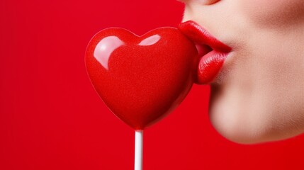 Wall Mural - A woman is kissing a red heart shaped lollipop. Concept of romance and affection