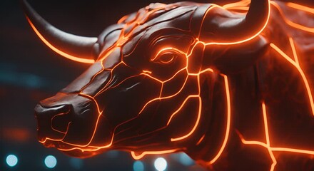 Wall Mural - This close up of a digital bulls head illuminated by bright orange lights 4k animation