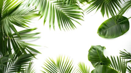 Wall Mural - Tropical palm leaves on white background promoting summer vibes