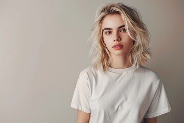 Wall Mural - White T-shirt Mockup Youth Blonde Hair Generative AI