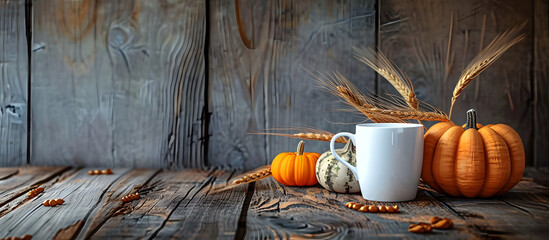 Canvas Print - An old wooden table displaying a white coffee mug adorned with pumpkins and ears of wheat, featuring copy space for text or design.