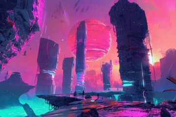 Two figures stand on a rocky platform overlooking a futuristic cityscape and a pink planet