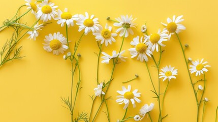 Poster - Chamomile Flowers on Yellow Background Spring and Summer Theme