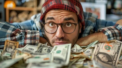 A man wearing glasses and a plaid shirt, with a surprised expression, looks at a large amount of money spread out on a table, creating a scene of unexpected windfall.