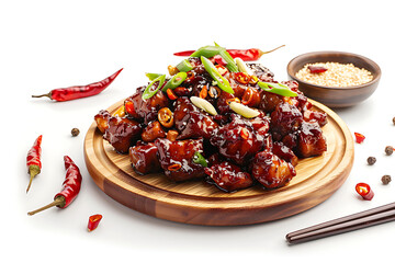 Plate of tasty Kung Pao chicken with on white background.