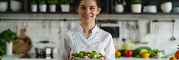 Smiling woman in a white chef coat holding a bowl of salad in a modern kitchen. Promoting healthy eating and culinary expertise.