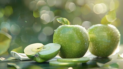 Wall Mural - Fresh green apples with water drops in a sunny garden setting. Concept of healthy eating, organic food, and freshness.