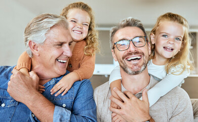 Poster - Portrait, girls and dad in lounge, grandpa and bonding with twins with hug in house, love and happy. Living room, kids and father with embrace for care, glasses and children with family in apartment