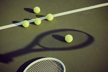 Sticker - Racket shadow, tennis and balls on court outdoor for game, competition or texture pattern. Turf, sport and empty ground above with equipment on background for contest, exercise or training at stadium