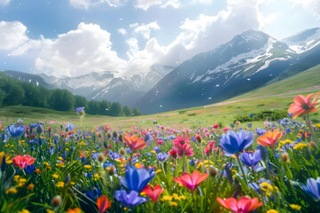colorful spring flower field landscape mountain outdoors.