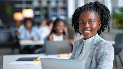 Attractive african young confident businesswoman sitting at the office table with group of colleagues in the background, working on laptop computer - generative ai