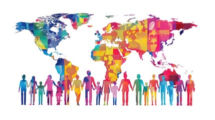 Colorful World Map with People Holding Hands in a Circle