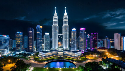 Nighttime view of the Petronas Towers and surrounding skyscrapers in Kuala Lumpur