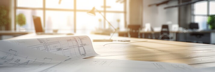 Close-up of architectural blueprints on a desk in a modern office with warm sunlight. Ideal for construction planning and architectural design concepts.