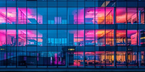 Sticker - Nighttime view of a modern office building with a glass facade