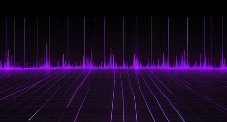 digital signal frequency graph purple grid lines hologram projection on plain black background with copy space