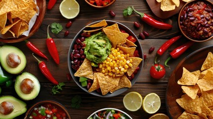 Poster - Mexican food presentation on rustic backdrop tortilla chips guacamole salsa chili beans fresh ingredients Overhead view