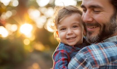 Close-up of a smiling child being held by an adult outdoors during sunset.