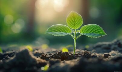 Wall Mural - A close-up of a young plant with green leaves thriving in fertile soil, with sunlight beautifully illuminating the background, capturing a moment of natural growth.