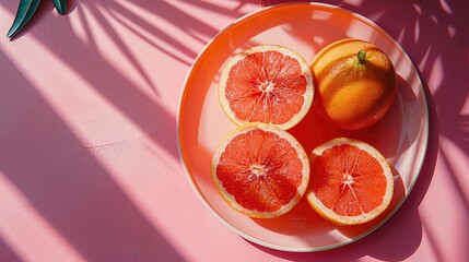 Canvas Print - Plate with halved grapefruit in bright light on a pink plate