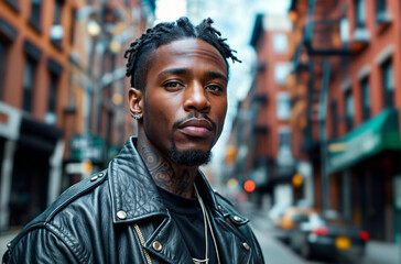 Canvas Print - Casually dressed rapper in a leather jacket with dreadlocks and tattoos. Portrait of a hip hop artist in the street