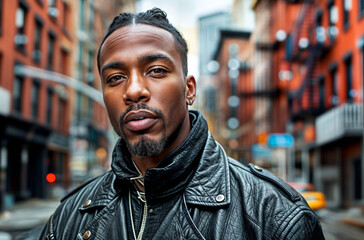 Wall Mural - Casually dressed rapper in a leather jacket standing in a city street . Portrait of a hip hop artist in the street