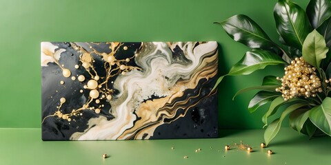 Gold, whit and black abstract, on green background, paint splatter, art paint drawing, ink texture, white liquid wall. Abstract liquid acrylic, gold design, luxury wallpaper, oil modern wallpaper.