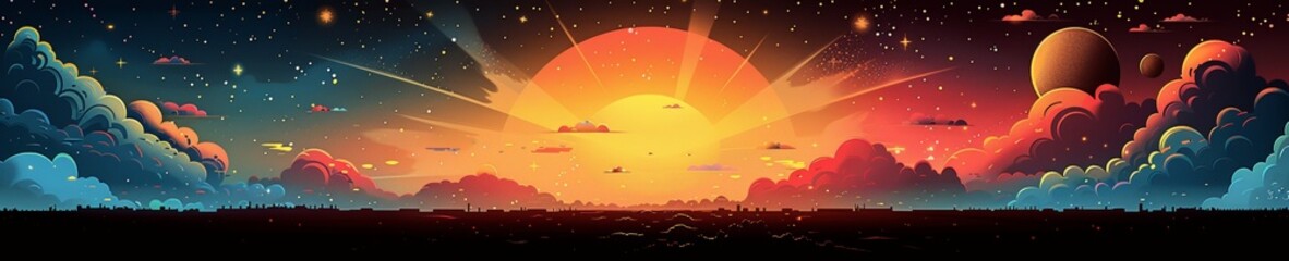 Wall Mural - an abstract geometric illustration of the sun and sky in a cartoon style.