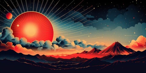 Wall Mural - an abstract geometric illustration of the sun and sky in a cartoon style.