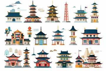 Wall Mural - many different svg buildings icons in the same style 