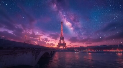 The Eiffel tower at night with a starry sky. 