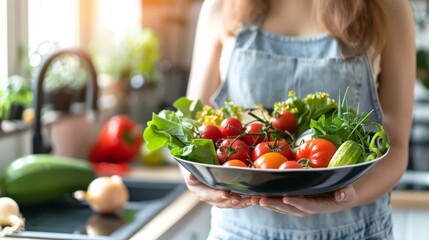 Woman holding a bowl of fresh vegetables in a bright kitchen. Promoting a plant-based diet and healthy lifestyle.