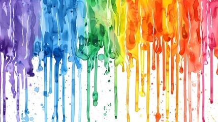 Wall Mural - Rainbow coloful watercolor dripping paint, paint splashes with drips, paper textured background 