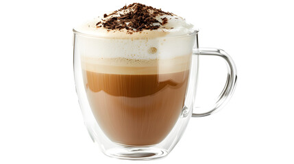 Foamy coffee cappuccino with wiped milk and coco powder on top, in double glass mug isolated on white background.
