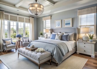 Serene coastal bedroom features soft gray walls, muted blue accents, and seashell white decorative elements, bathed in warm diffused light for a calming retreat atmosphere.