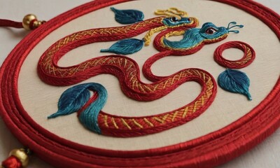 Aufkleber - A red and blue snake with a leaf on its tail is embroidered on a white backgroun