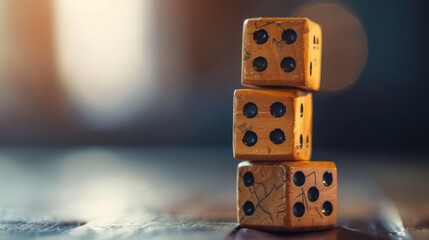 Three worn wooden dice stacked on each other, creating a vintage and cozy atmosphere with warm lighting and soft focus.