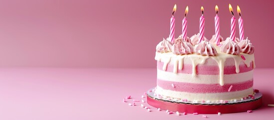 Poster - Pink and white striped buttercream adorned birthday cake with numerous candles on a pink backdrop perfect for a celebratory copy space image