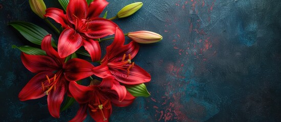 Leinwandbilder - Top view of red lily flowers on a dark vintage backdrop with space for text or a copy space image