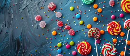 Poster - Top view of assorted colorful lollipops and round candies creating an appealing display with copy space image