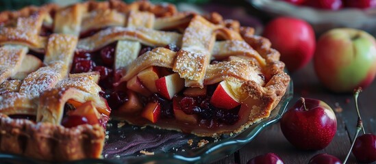 Leinwandbilder - Close up image showing a sliced pie with a delicious cherry apple filling featuring an attractive presentation with an inviting appearance and copy space image