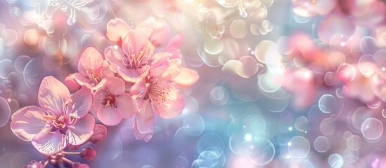 Poster - Soft and pastel floral card with cherry blossoms in spring creating a bokeh flower background with selective focus and shallow depth of field toned for a gentle look with copy space image