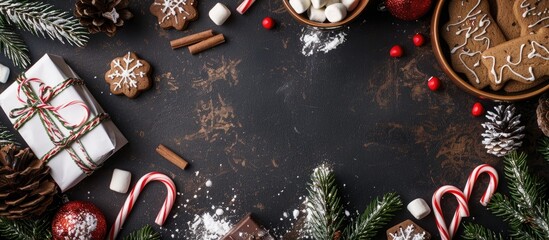 Aufkleber - Christmas cocoa frame with marshmallows cookies chocolate candy canes and a gift box surrounded by fir branches on a black background Add copy space image