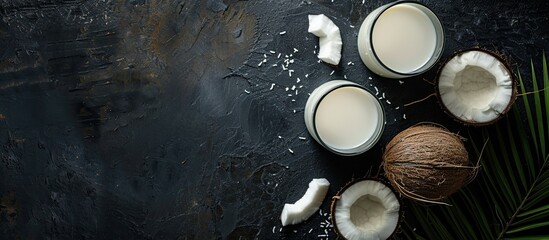 Poster - Coconut vegan milk and coconut in a glass on a dark background with copy space Alternative plant based drink concept captured from above